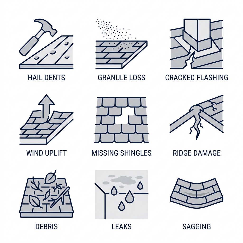 3x3 grid of outline icons depicting common storm roof damage signs: hail dents, granule loss, cracked flashing, wind uplift, missing shingles, ridge damage, debris, leaks, sagging.