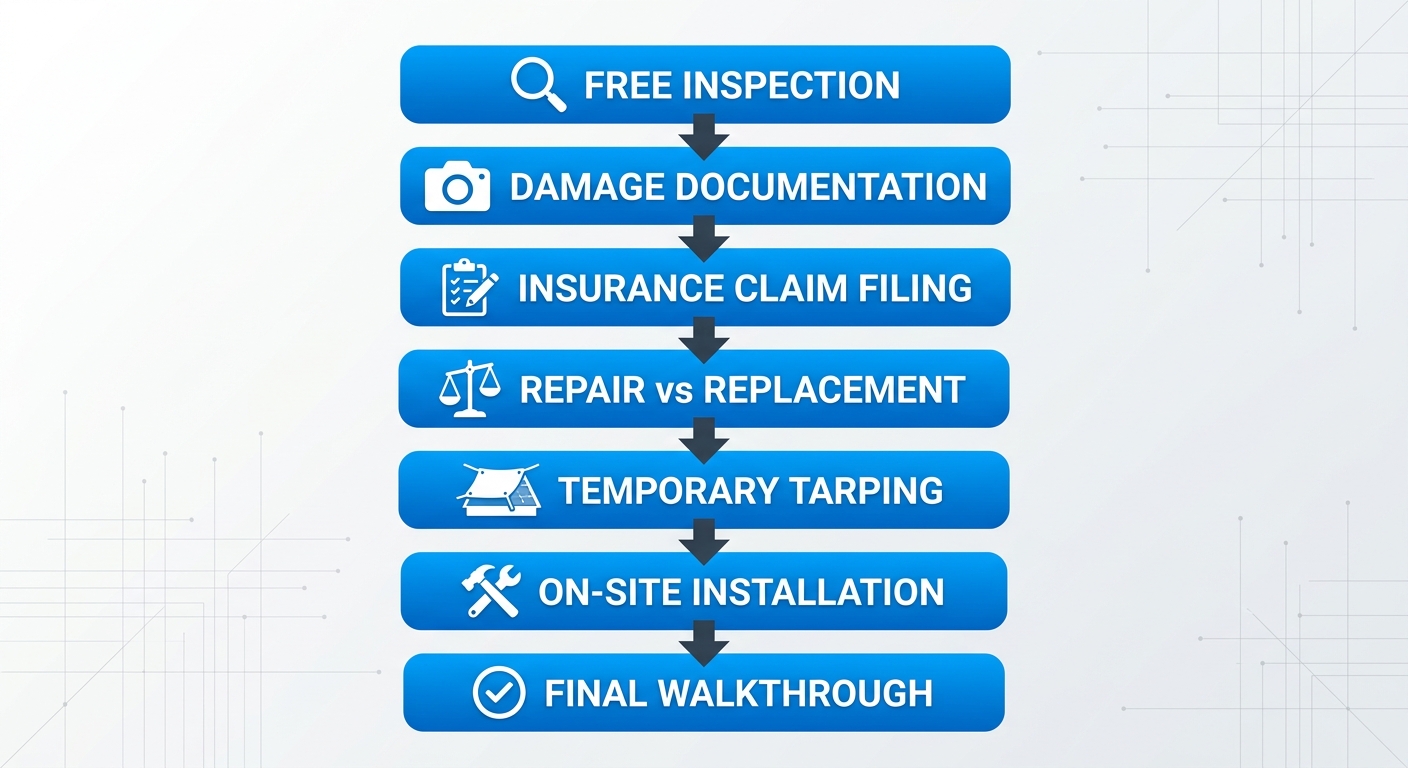 Vertical process flow diagram illustrating 7 stages of storm damage roof repair: free inspection, damage documentation, insurance claim, decision, tarping, installation, and walkthrough with icons.