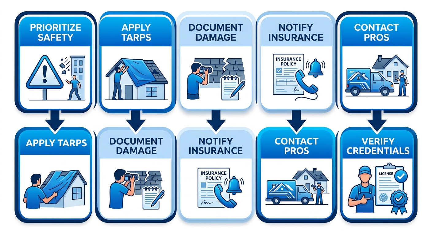 Vertical process flow diagram showing six steps for emergency roof repair: prioritize safety, apply temporary tarps, document damage, notify insurance, contact local professionals, verify credentials.
