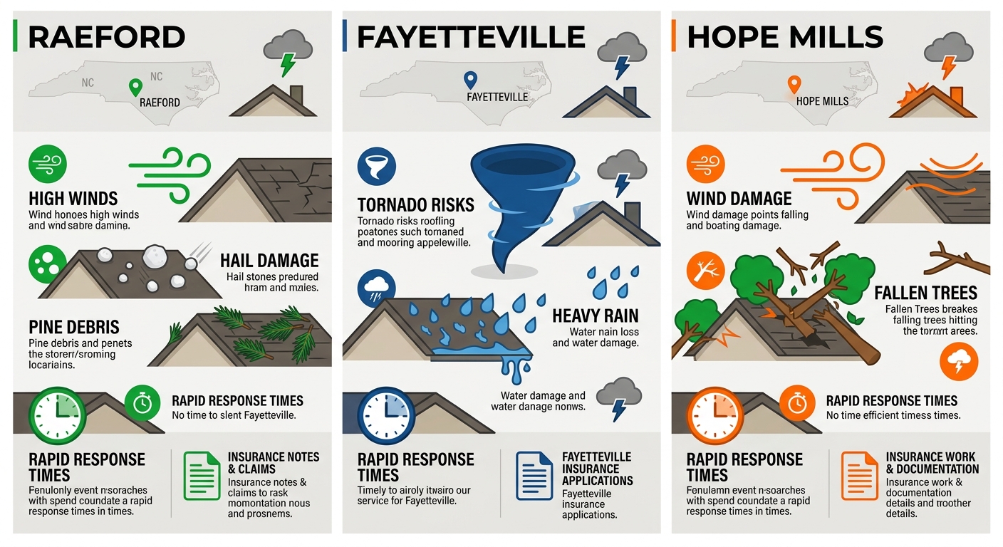Infographic comparing roofing challenges in Raeford, Fayetteville, and Hope Mills with icons for winds, hail, rain, tornadoes, trees, and insurance response elements.