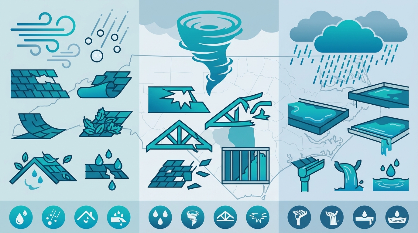 Icon-based infographic comparing local storm patterns and roofing vulnerabilities in Fayetteville, Raeford, and Hope Mills with weather and damage graphics.