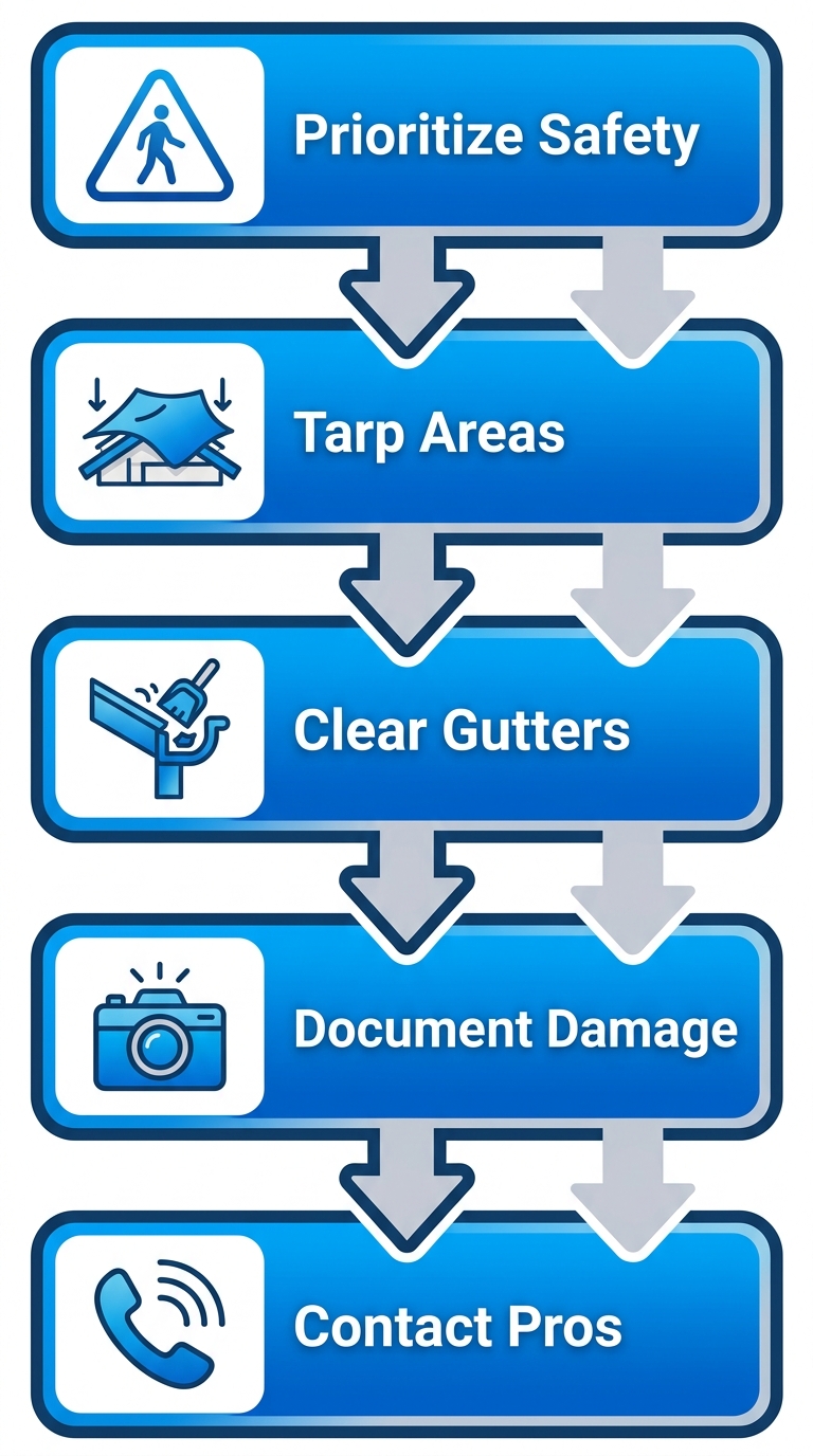 Vertical process flow illustrating five emergency steps after storm roof damage: prioritize safety, tarp damaged areas, clear gutters, document damage, contact professionals.