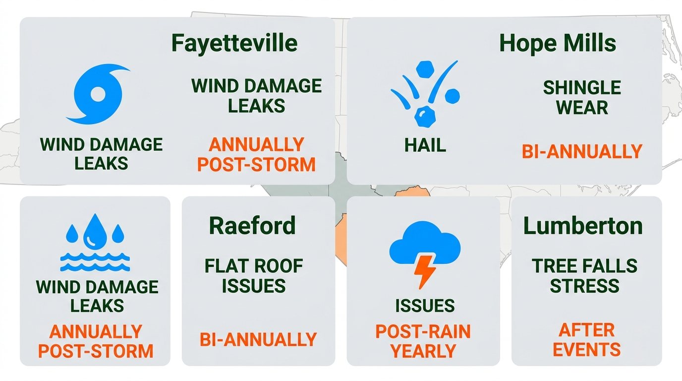 Infographic comparing local weather risks, common roofing issues, and inspection frequencies for Fayetteville, Hope Mills, Raeford, and Lumberton areas.