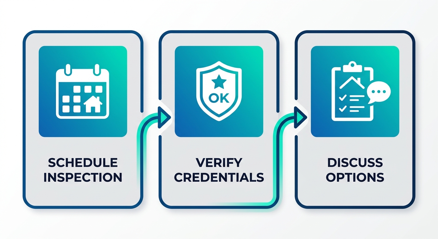 Horizontal process flow diagram of three key steps: schedule free inspection, verify contractor licensing and insurance, discuss findings and repair options for safe roofing in North Carolina.