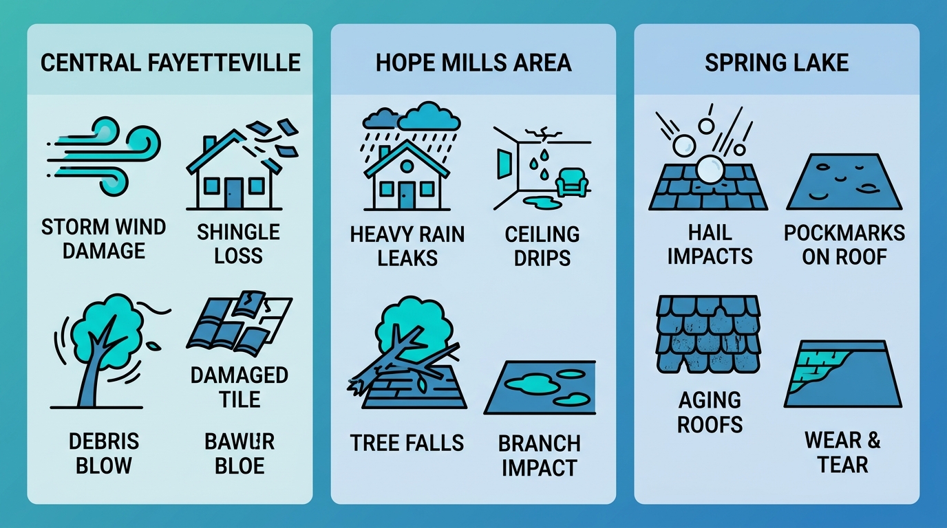 Infographic comparing common roofing issues in Central Fayetteville, Hope Mills, and Spring Lake neighborhoods with icons for storm damage, leaks, hail, and aging roofs