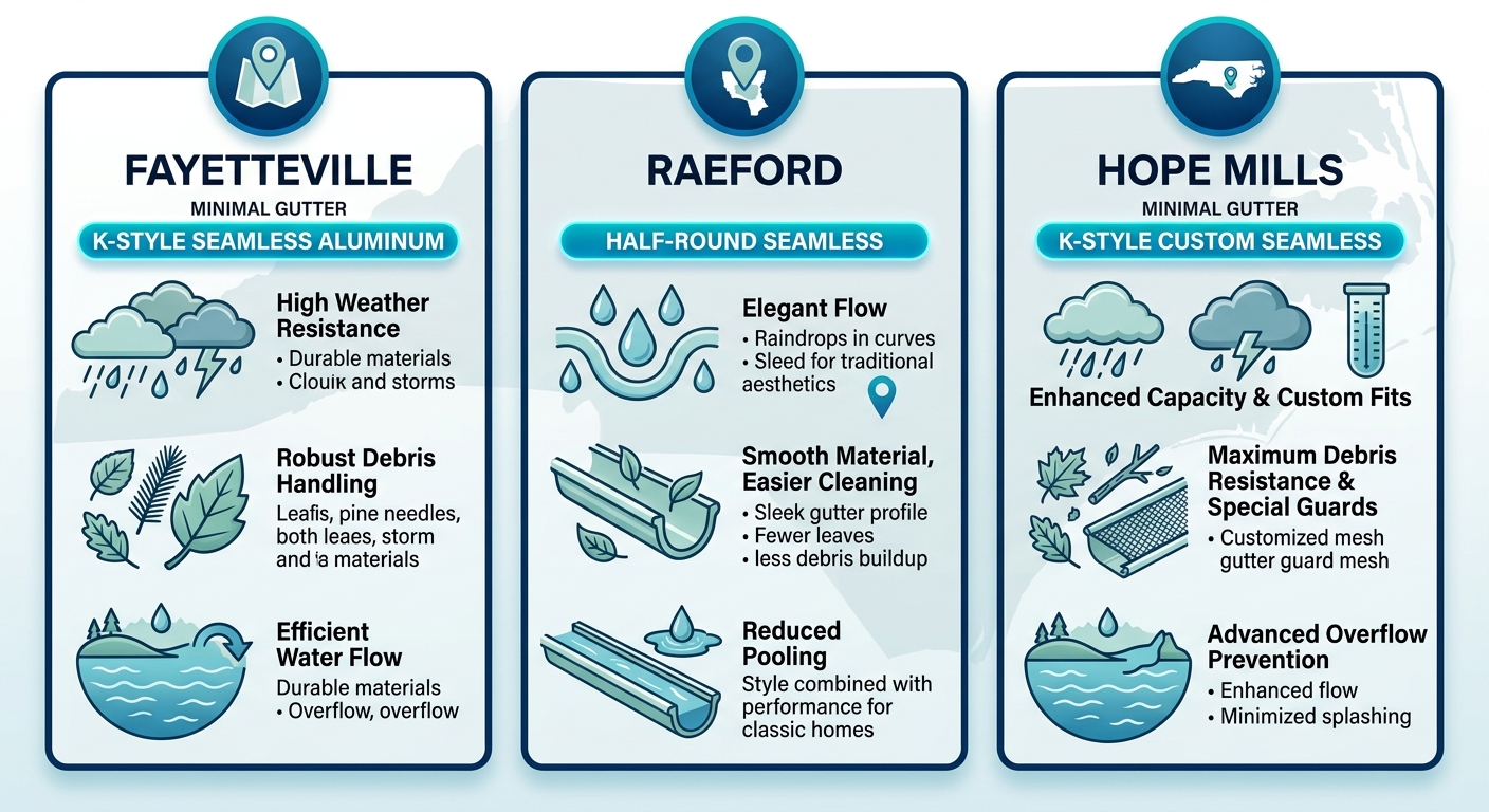 Infographic comparing recommended gutter types and regional considerations for Fayetteville, Raeford, and Hope Mills areas