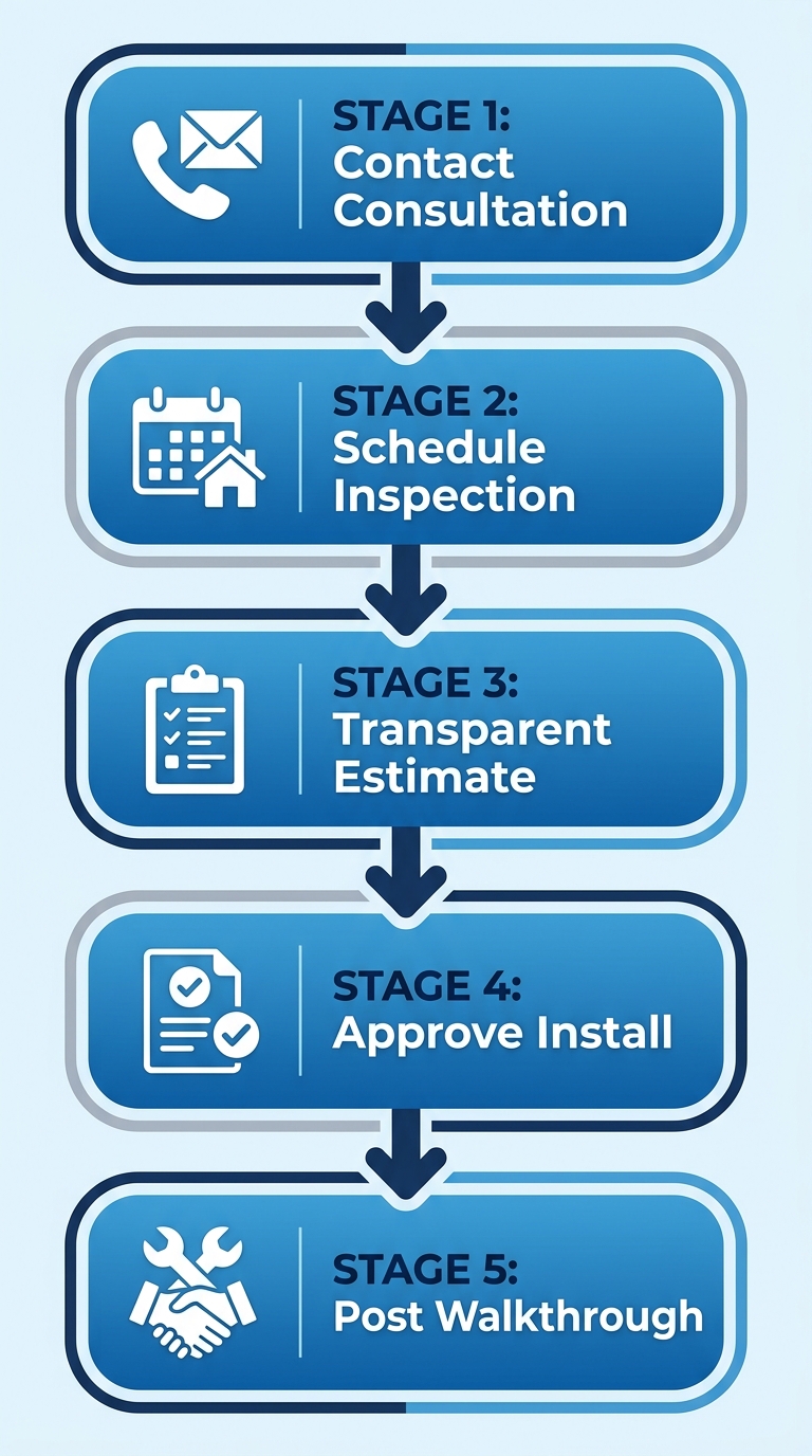 Vertical process flow diagram illustrating five steps for arranging gutter installation: contact consultation, schedule free inspection, receive transparent estimate, approve and schedule install, post-installation walkthrough.
