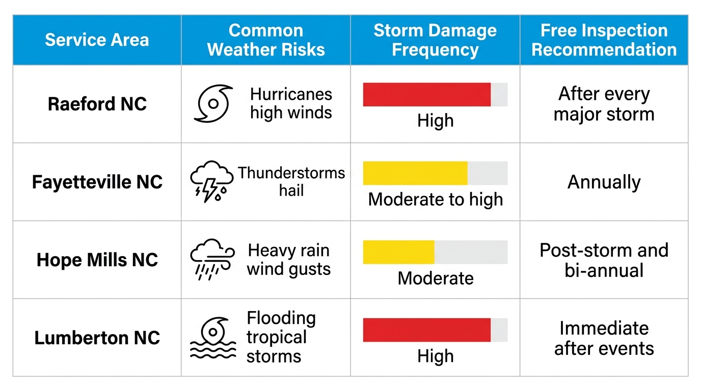 Infographic table comparing roofing weather risks and inspection recommendations for Raeford, Fayetteville, Hope Mills, and Lumberton NC areas