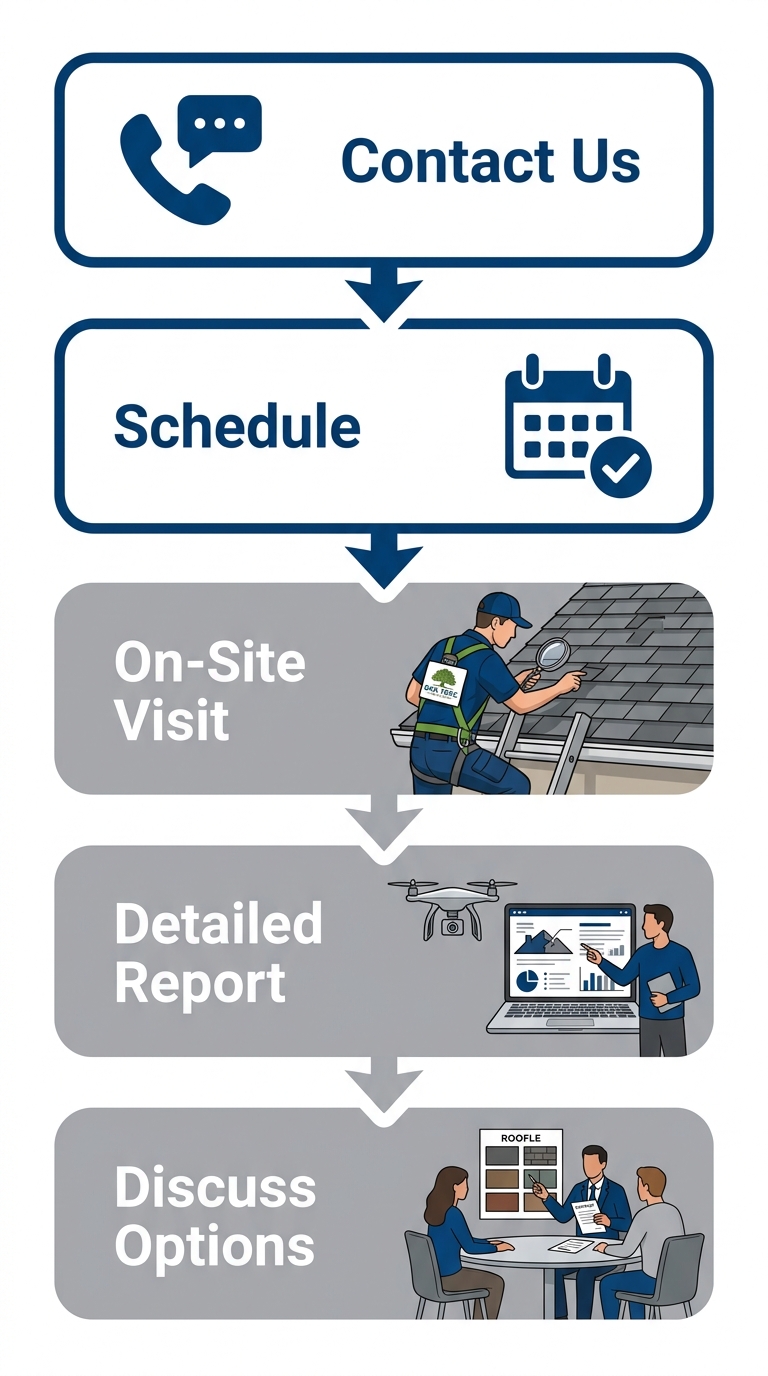 Vertical process flow diagram of 5 steps for free roof inspection: contact, schedule, on-site visit, detailed report, discuss options.