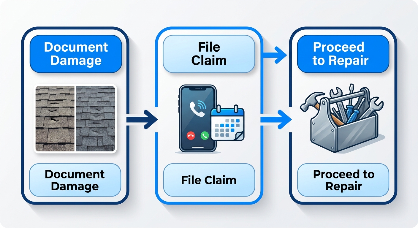 Horizontal process flow diagram for hail damage roof repair insurance claims: document damage with photos, file claim with phone and adjuster meeting, proceed to repair with toolbox.