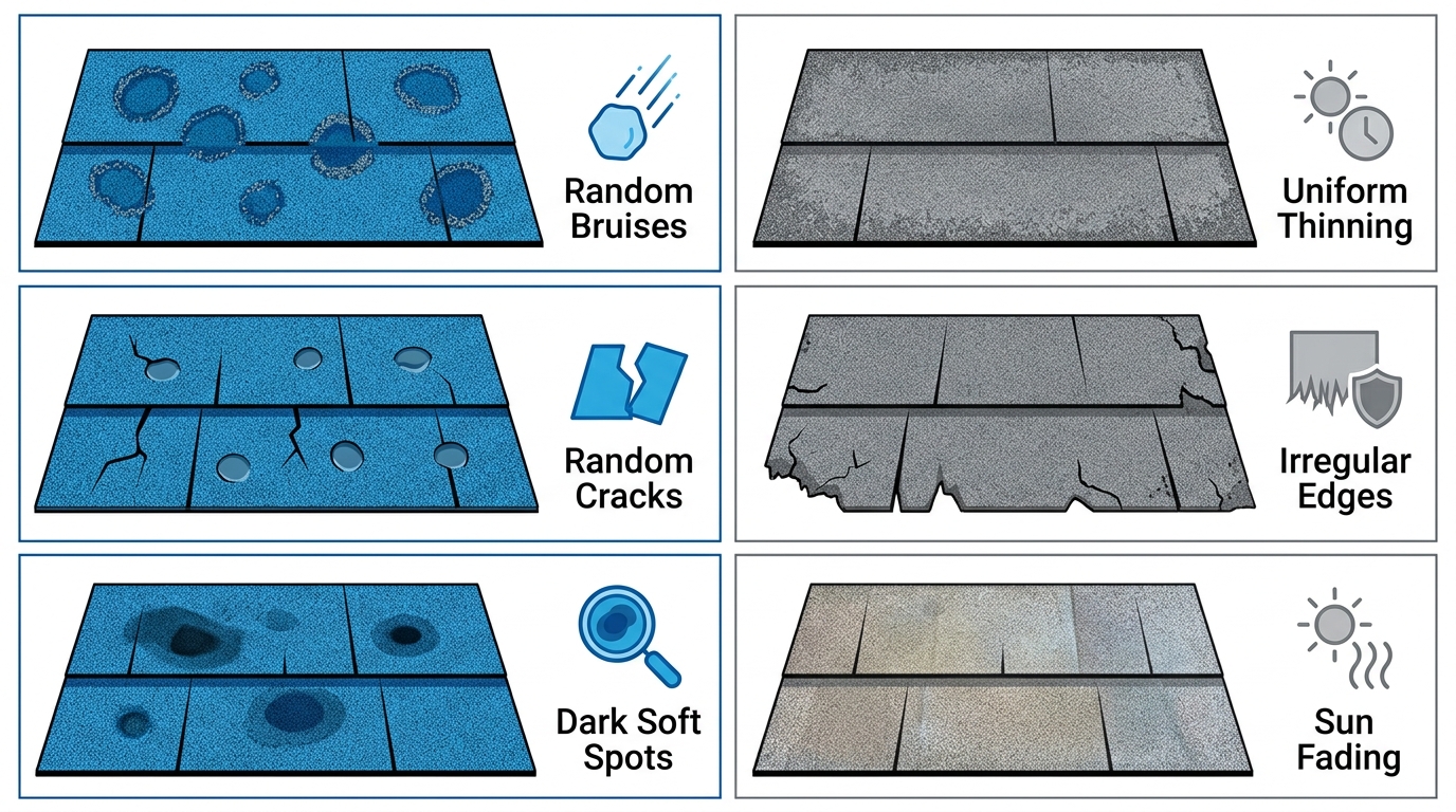 Infographic comparing hail damage indicators like granule loss, cracks, dents, and bruising versus normal wear and tear on asphalt shingle roofs