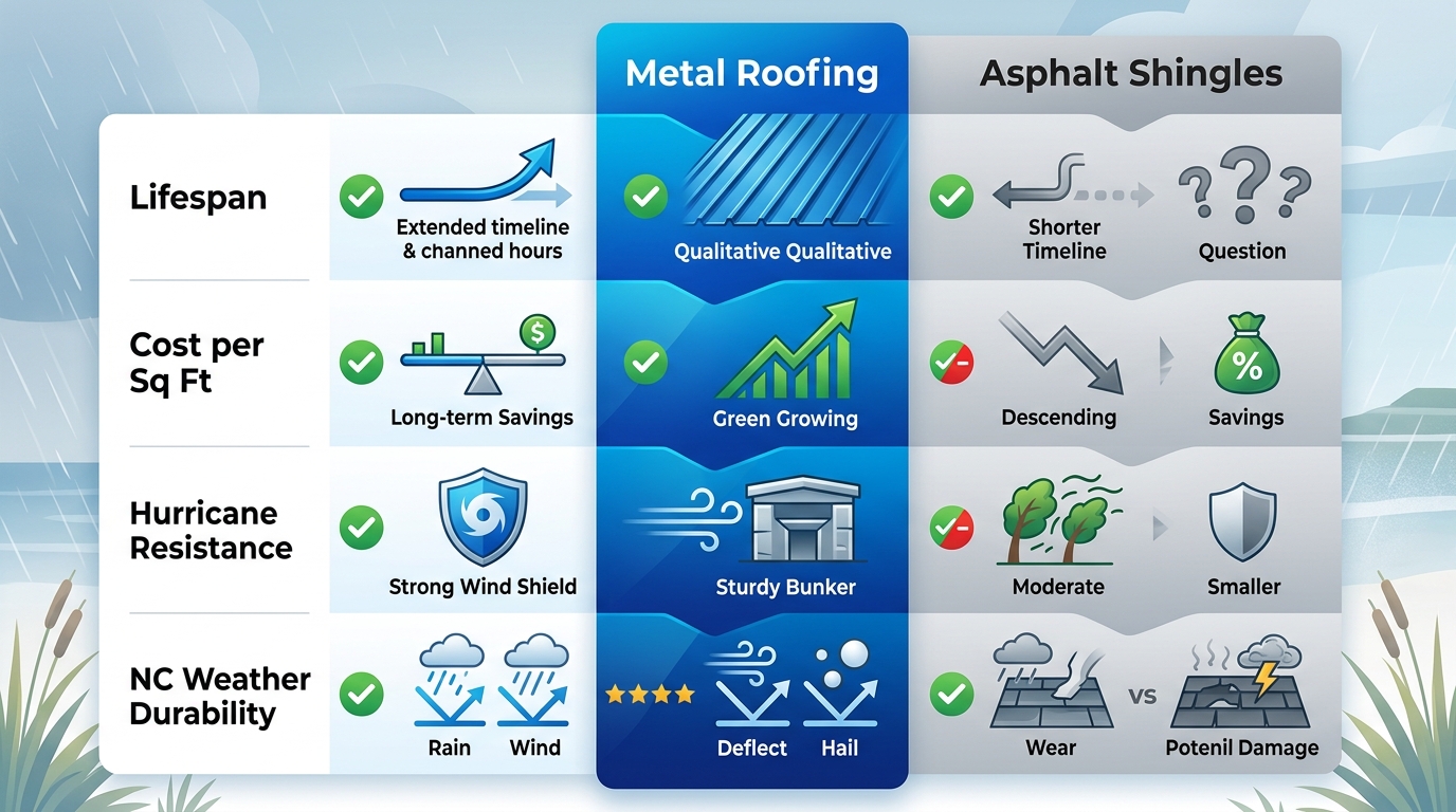 Infographic comparing metal roofing advantages over asphalt shingles in lifespan, cost savings, hurricane resistance, and North Carolina weather durability.