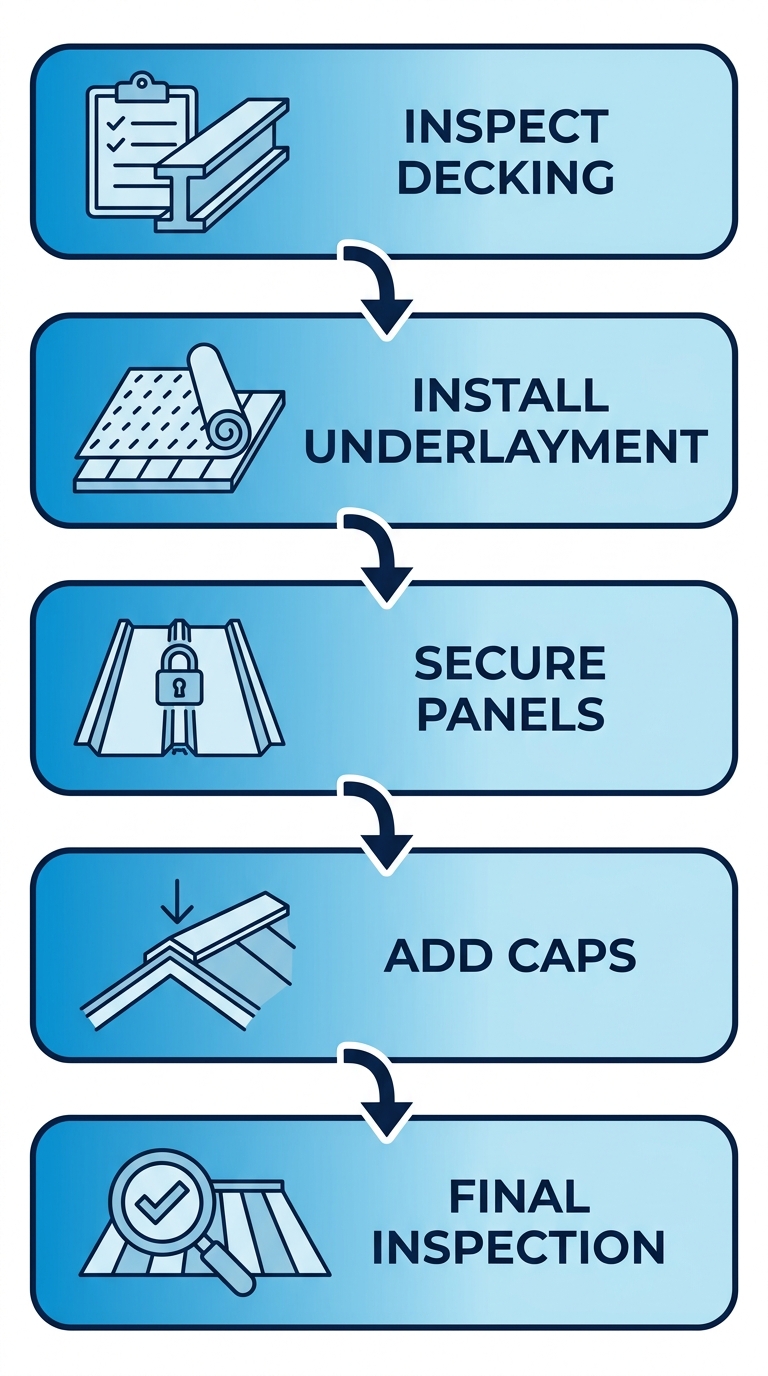 Vertical process flow diagram of 5 key steps for metal roofing installation: inspect decking with clipboard icon, install underlayment shield, secure metal panels, add ridge caps and flashing, final walkthrough inspection, connected by curved arrows.