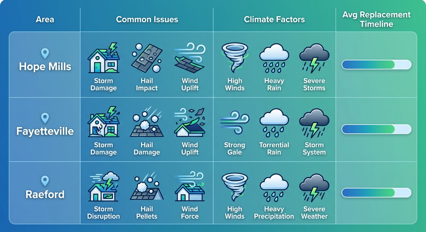Infographic comparing roofing challenges, climate factors, and replacement timelines in Hope Mills, Fayetteville, Raeford