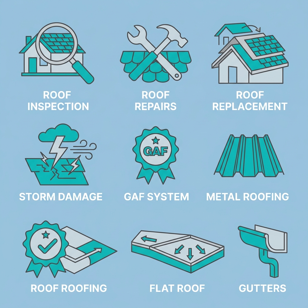 Square grid of 8 icons depicting key roofing services: inspection, repairs, replacement, storm damage, GAF systems, metal roofing, flat roofs, and gutters.