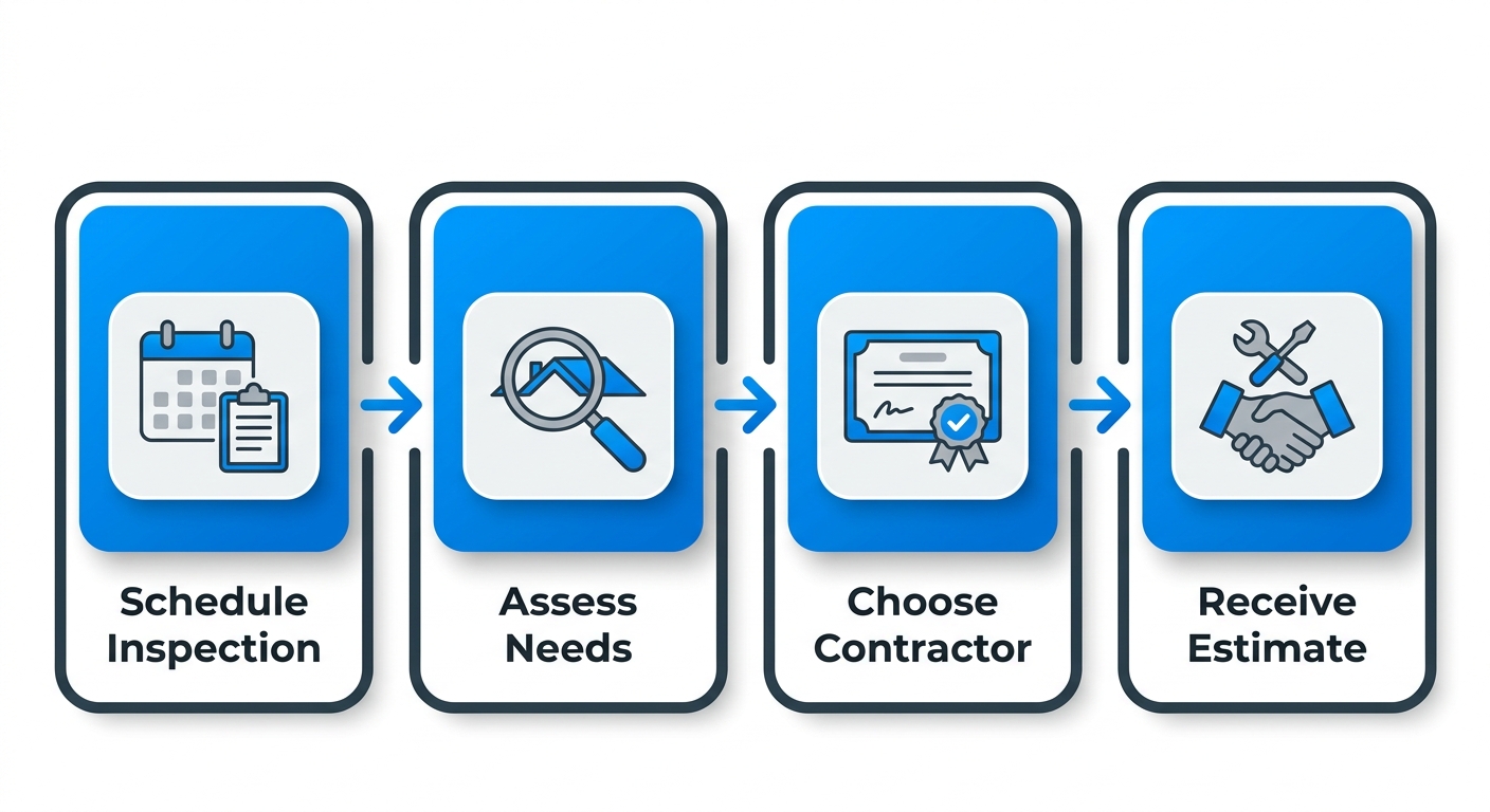 Horizontal process flow diagram illustrating four steps to start a roofing project: schedule inspection, assess needs, choose contractor, receive estimate.