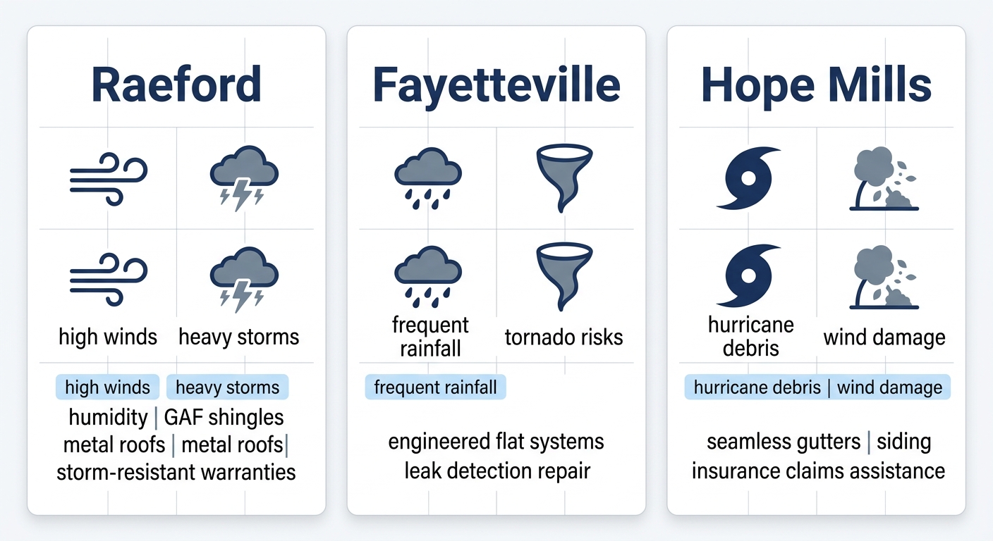 Infographic comparing common roofing issues and recommended solutions in Raeford, Fayetteville, and Hope Mills areas