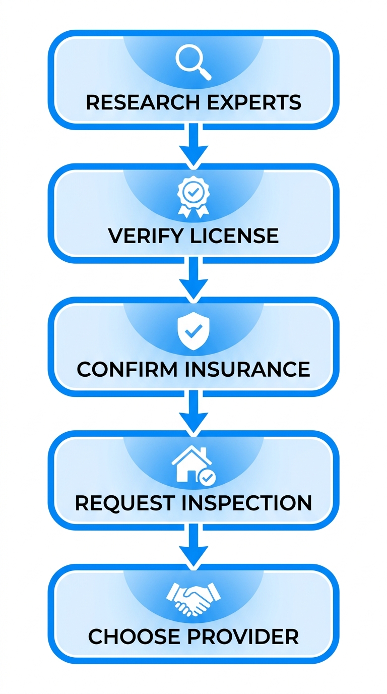 Vertical process flow diagram with 5 steps to hire a roofing company in Spring Lake: research experts, verify license, confirm insurance, request free inspection, choose trusted provider.