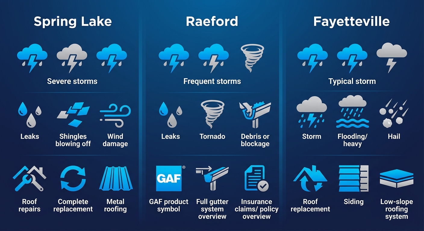 Infographic comparing roofing challenges, storm frequencies, issues, and services in Spring Lake, Raeford, and Fayetteville NC with icons