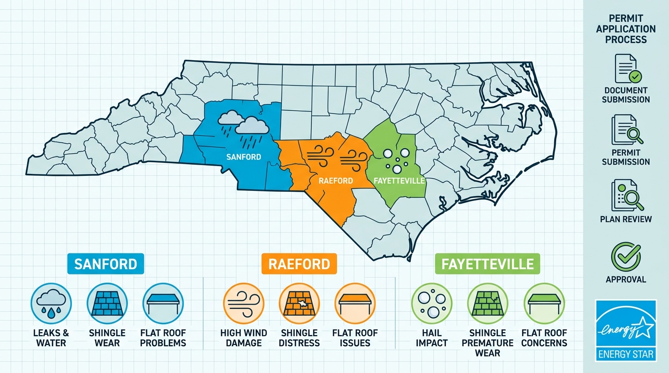 Infographic map of central NC roofing challenges: Sanford storms, Raeford winds, Fayetteville hail, with issue icons, permits, and energy efficiency.