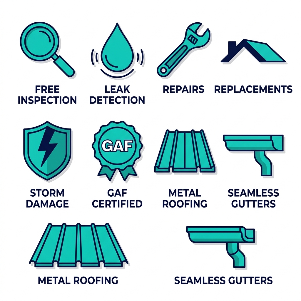 2x4 grid of flat outline icons for roofing services: free inspection, leak detection, repairs, replacements, storm damage, GAF certified, metal roofing, seamless gutters in teal and navy on white.