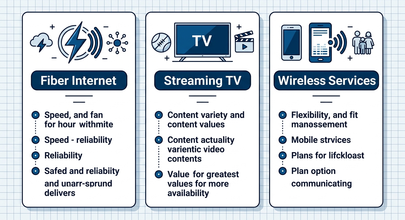 Infographic with three columns comparing Fiber Internet, Streaming TV, and Wireless services icons and benefits in blue and white tones.