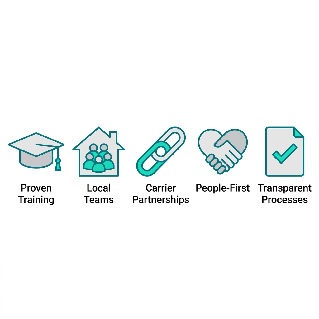 Square grid of five flat outline icons in teal and gray illustrating criteria for selecting ideal sales outsourcing provider: proven training, local teams, carrier partnerships, people-first approach, transparent processes.