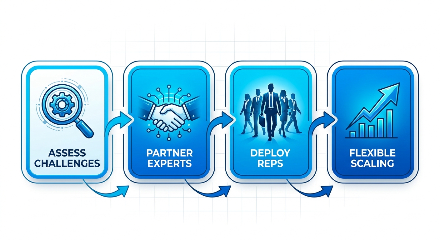 Process flow diagram illustrating four stages for instant scalability in door-to-door sales outsourcing: assess challenges, partner with experts, deploy reps, flexible scaling.
