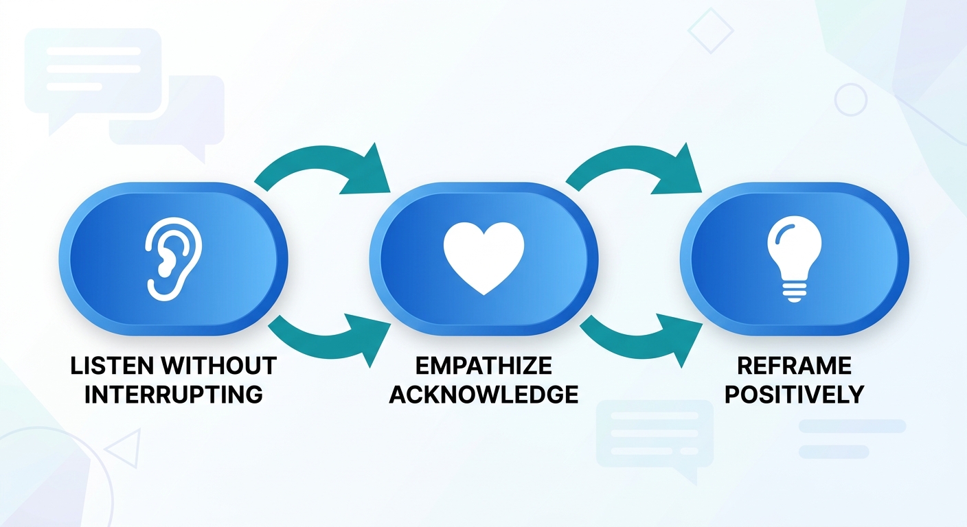 Horizontal three-step process flow for handling sales objections: listen, empathize, reframe with ear, heart, and lightbulb icons