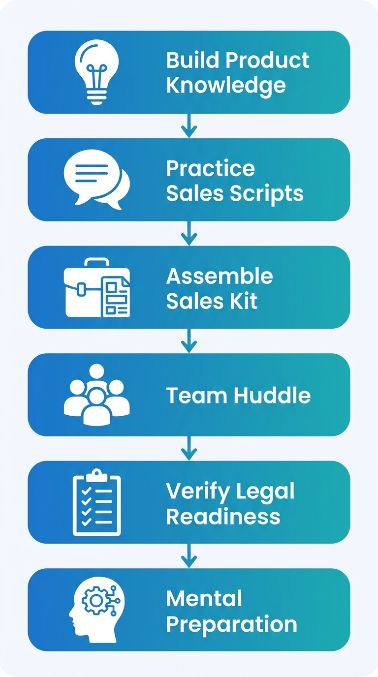 Vertical process flow illustrating six sequential preparation steps for Chipr door-to-door telecom sales representatives with icons and minimal labels