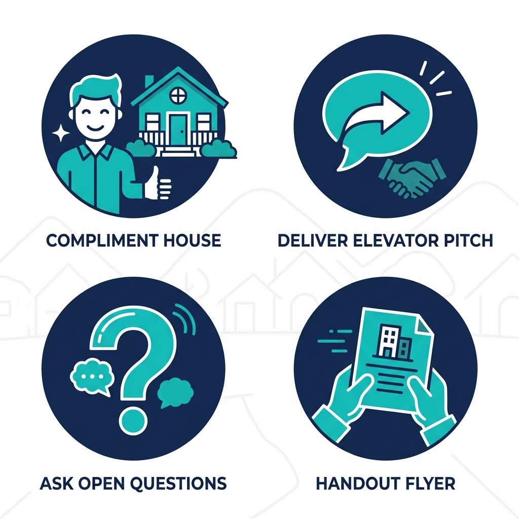 Square grid of 4 icons for door-to-door sales: house compliment, elevator pitch, question, flyer handout.