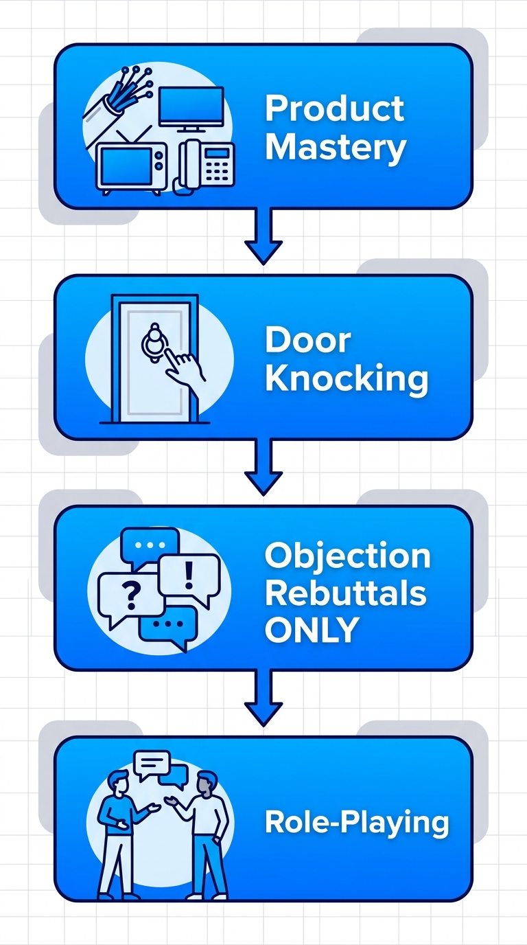 Vertical process flow of Chipr's 4-stage door-to-door sales training: product mastery, door knocking pitches, objection handling, role-playing.