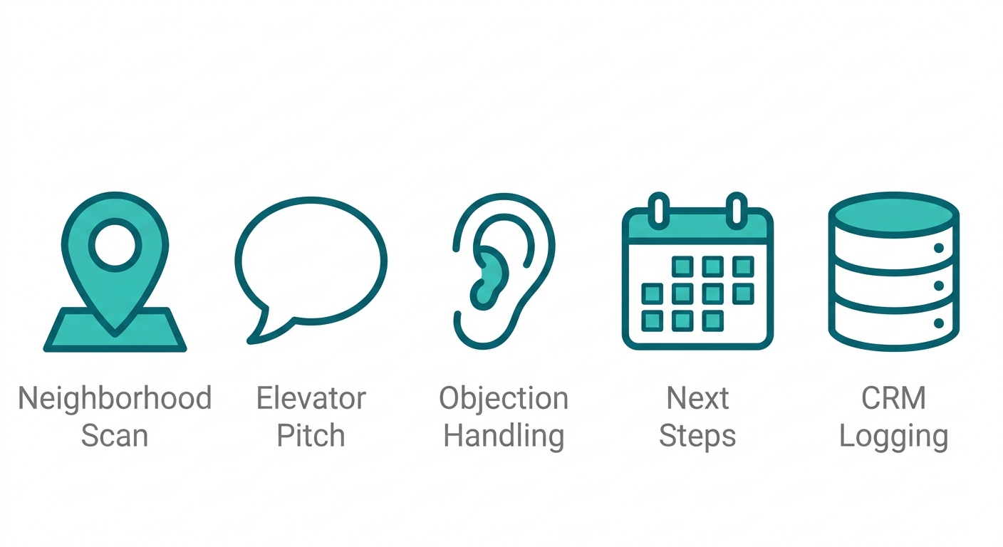 Horizontal grid of five teal outline icons for door-to-door sales strategies: neighborhood map pin, speech bubble pitch, listening ear objections, calendar steps, database CRM, with brief gray labels below on white background