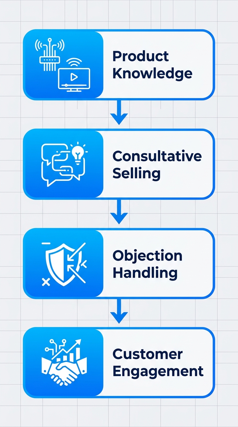 Vertical process flow diagram of four telecom sales training stages: Product Knowledge with fiber and TV icons, Consultative Selling with speech bubble, Objection Handling with shield, Customer Engagement with handshake.