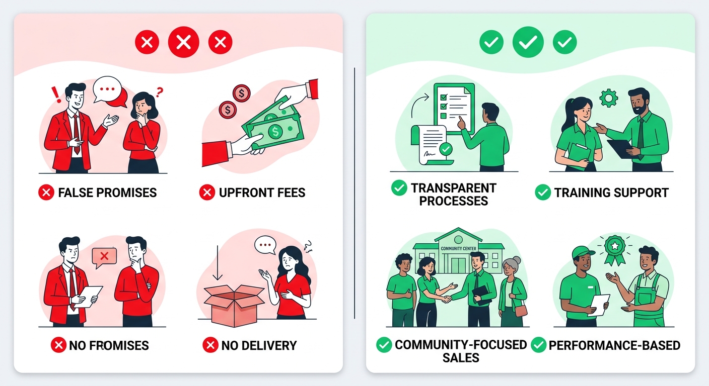 Two-panel infographic contrasting door-to-door sales scams in red with X icons versus legitimate practices in green with check icons