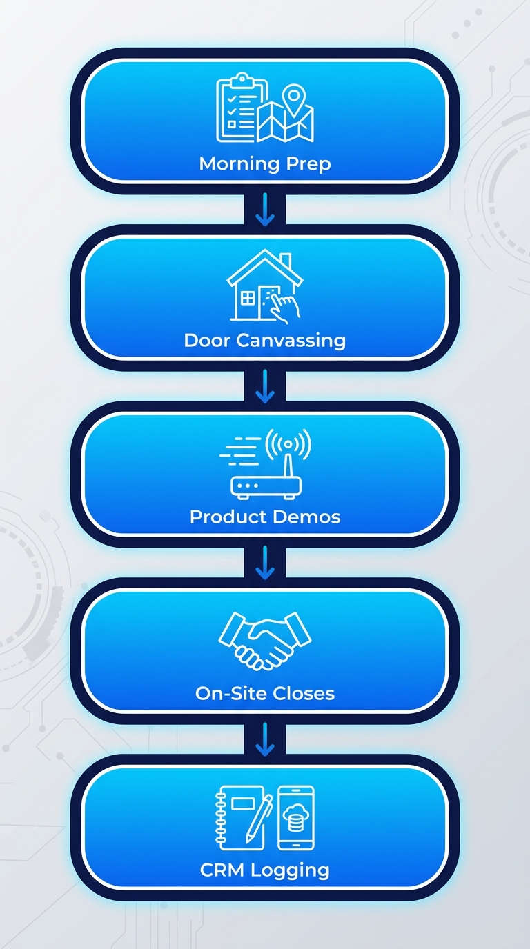 Vertical process flow diagram of a typical day in door-to-door sales: morning prep, canvassing doors, product demos, closes, CRM logging with icons.