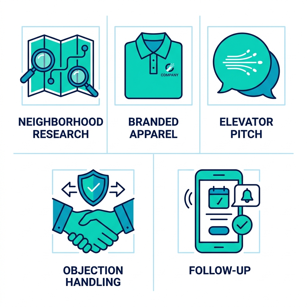 Grid of five icons illustrating top door-to-door sales tips: neighborhood research map, branded apparel shirt, elevator pitch speech bubble, objection handling handshake, follow-up smartphone.