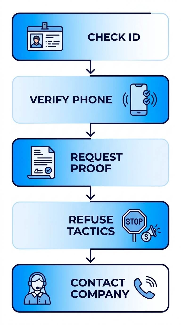Vertical process flow diagram illustrating five steps to verify legitimate ISP door-to-door sales representatives: check ID badges, verify phone, request partner proof, refuse high-pressure tactics, contact company directly.