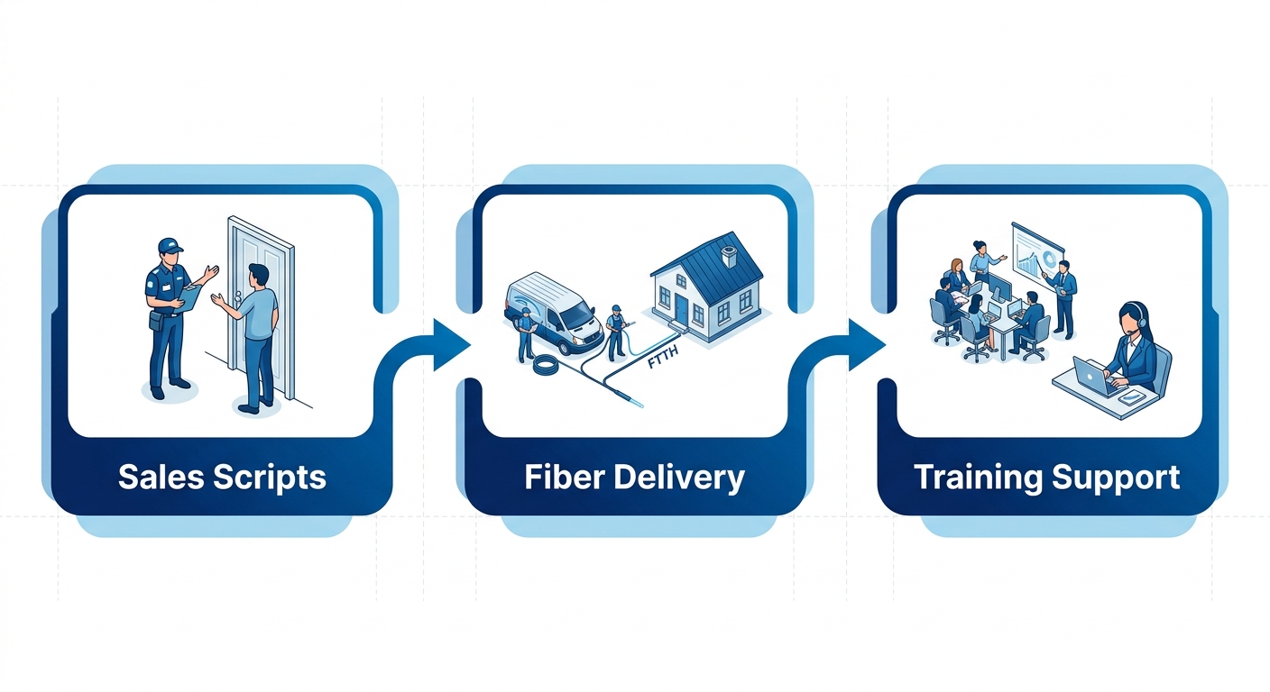 Horizontal process flow diagram illustrating three stages of ISP door-to-door sales: sales scripts, fiber delivery, and training support with icons and arrows.