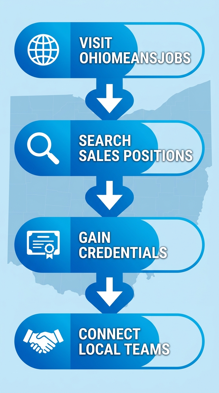 Vertical process flow diagram showing four steps to launch telecom sales career in Ohio: visit OhioMeansJobs, search sales positions, gain marketing credentials, connect with local teams.