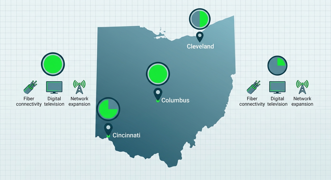 Infographic map of Ohio highlighting telecommunications sales demand in Columbus, Cleveland, and Cincinnati with visual indicators and service icons.