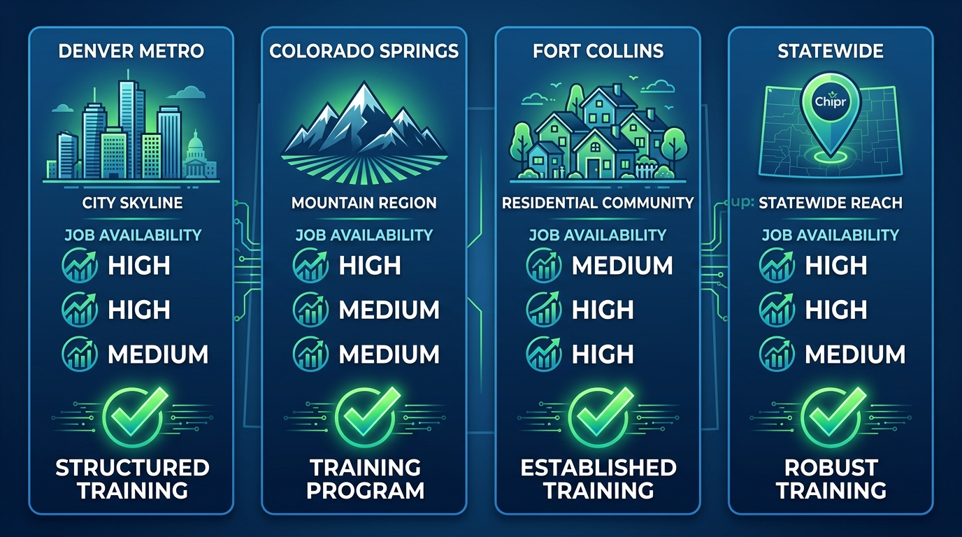 Infographic comparing door-to-door sales opportunities in Denver Metro, Colorado Springs, Fort Collins, and Chipr Statewide regions with job availability and training indicators.
