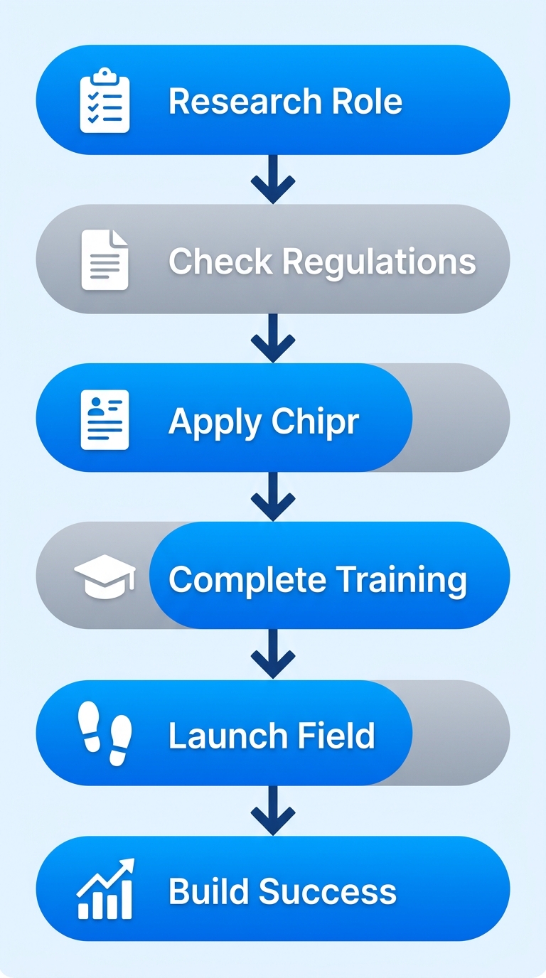 Vertical process flow diagram showing 6 steps to launch door-to-door sales career: research role with clipboard, check regulations with document, apply to Chipr with form, complete training with cap, launch in field with footsteps, build success with chart.