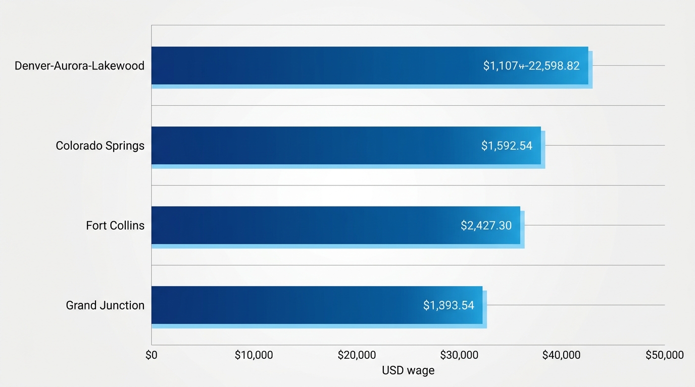 Horizontal bar chart comparing median annual sales rep wages in Denver-Aurora-Lakewood, Colorado Springs, Fort Collins, and Grand Junction metro areas from BLS data.