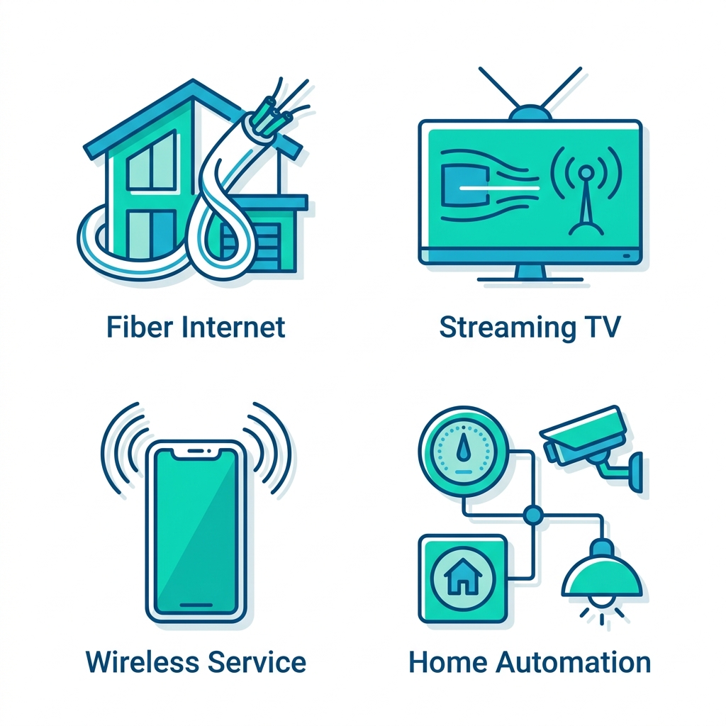 2x2 grid of icons for telecom services: Fiber Internet, Streaming TV, Wireless Service, Home Automation in teal and blue.