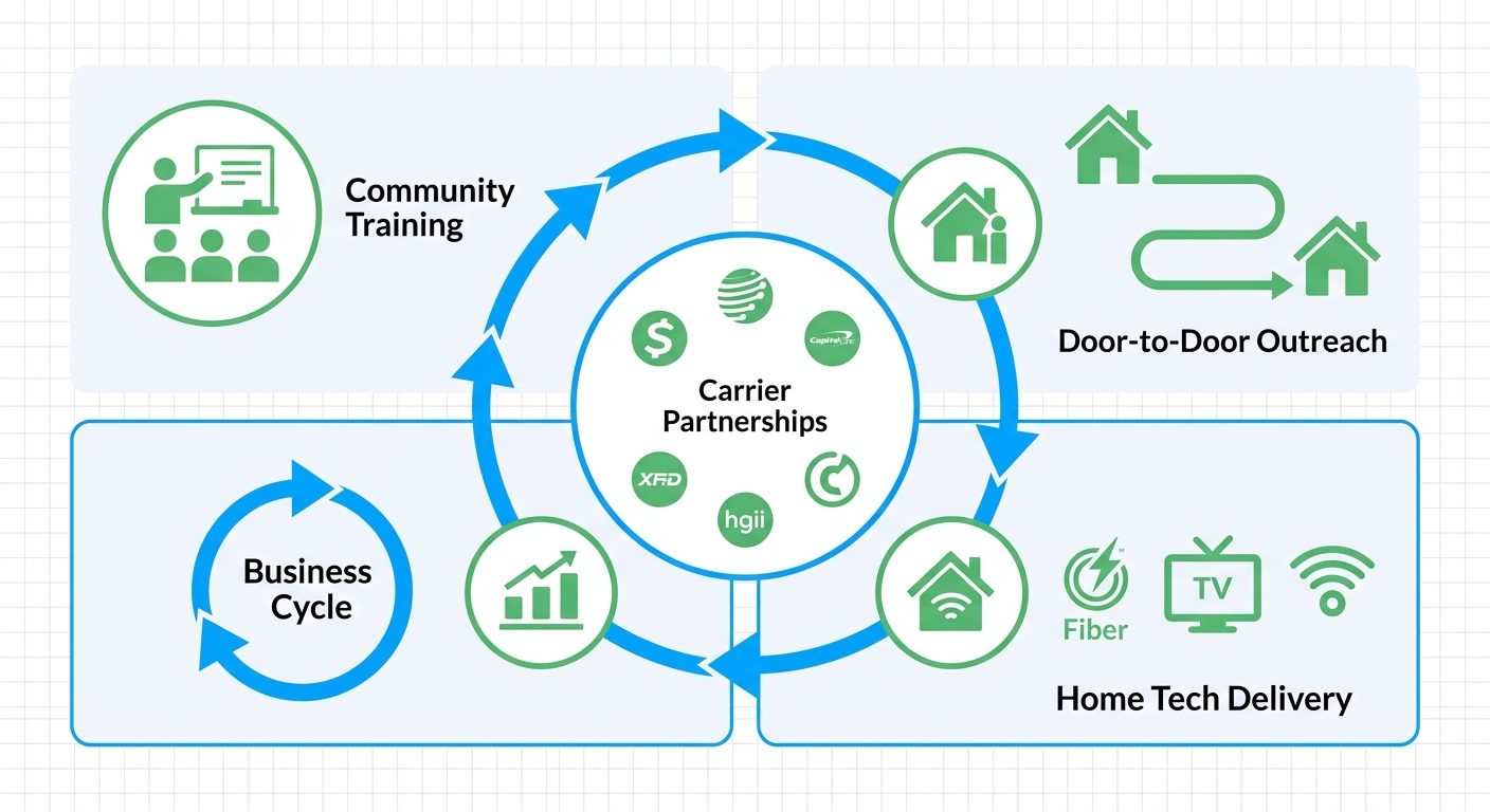 Infographic of Chipr's business model cycle showing partnerships, community training, door-to-door outreach, and home tech delivery