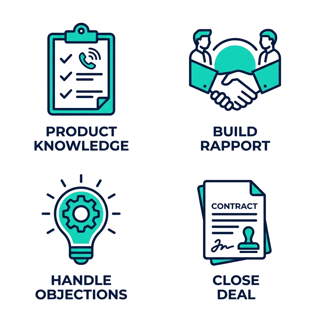 Square 2x2 grid of outline icons for door-to-door sales tips: product knowledge clipboard, rapport handshake, objections lightbulb, close deal contract.