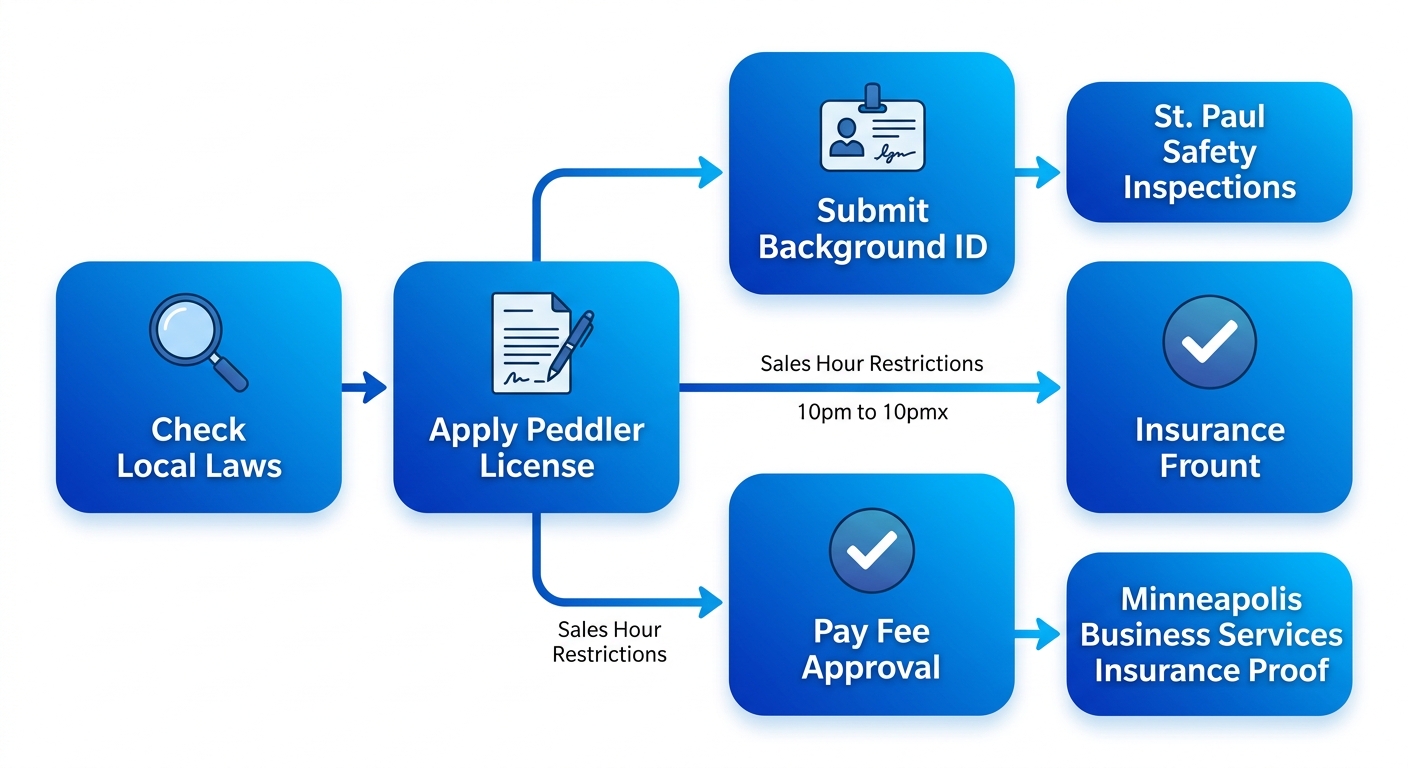 Horizontal process flow diagram of door-to-door sales license regulations in Minnesota cities St. Paul and Minneapolis with icons and branches