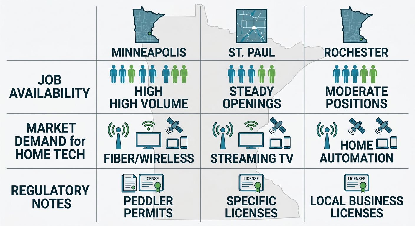 Infographic comparing door-to-door sales opportunities in Minneapolis, St. Paul, and Rochester: job availability, home tech demand, regulatory notes with icons.