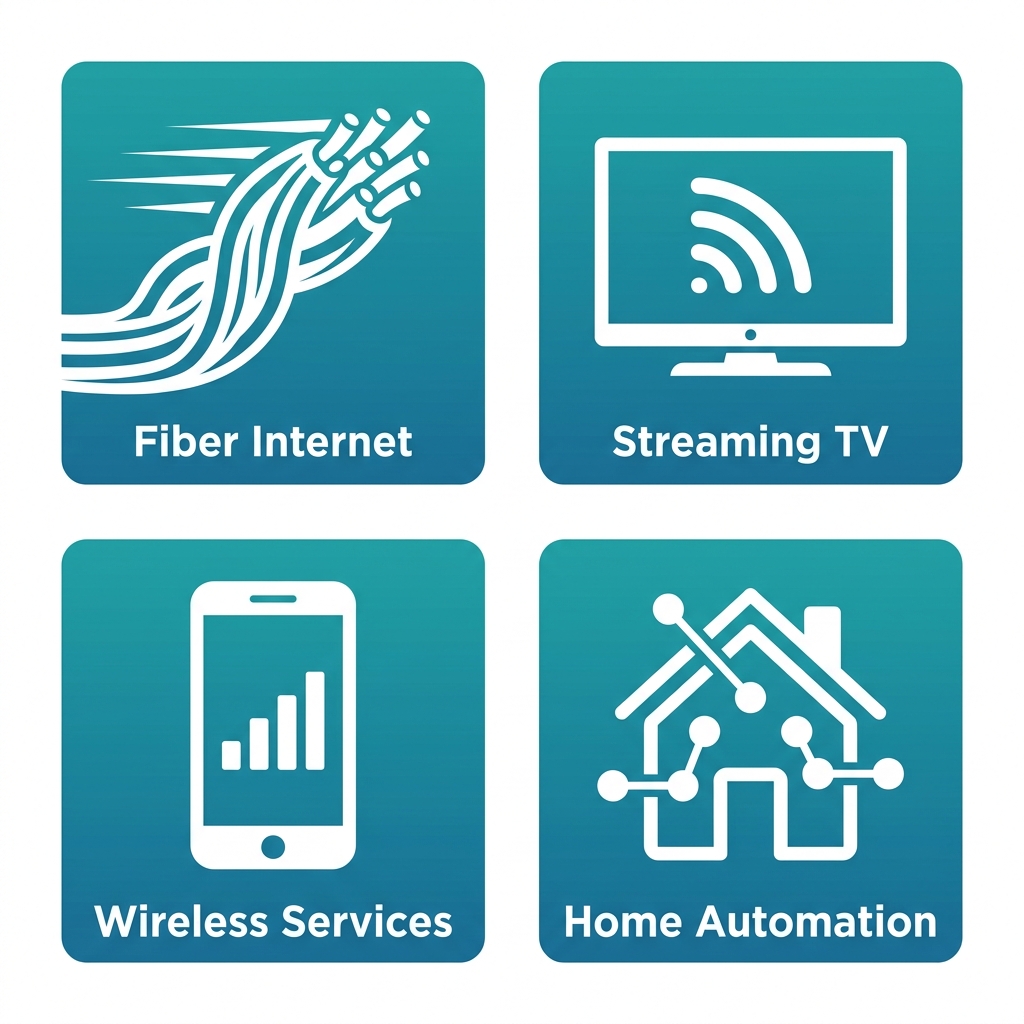 Square 2x2 grid of modern icons for Ohio home technology services: Fiber Internet, Streaming TV DIRECTV, Wireless services, and Home automation.